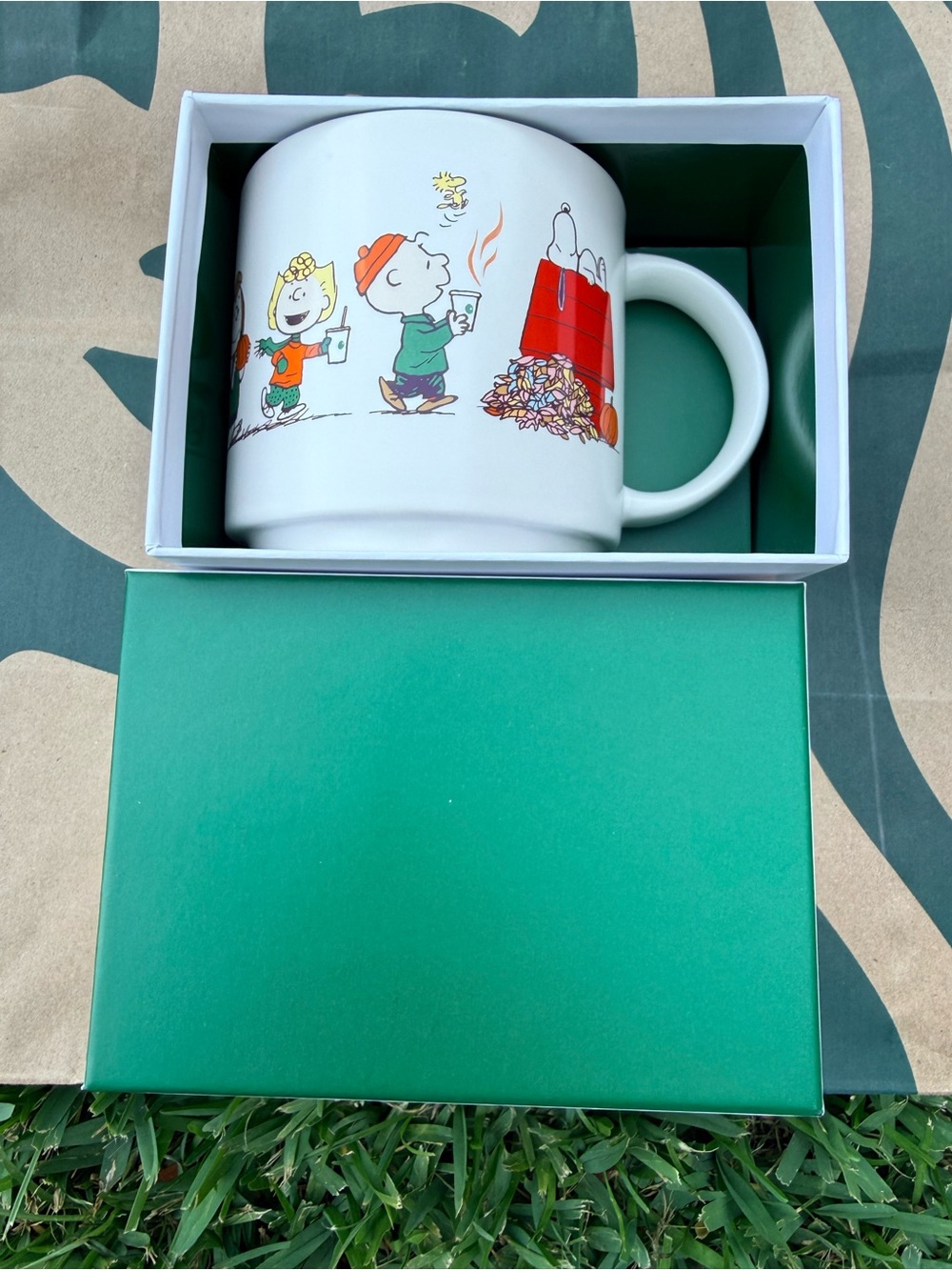 Starbucks White Ceramic Peanuts Fall Parade Mug with Colorful Characters